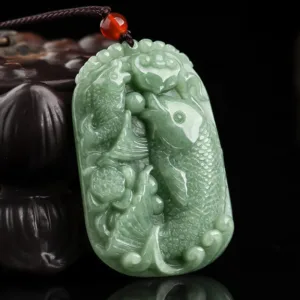 Mythstone - Natural Jade Koi Fish Lotus Wealth Prosperity Necklace Pendant