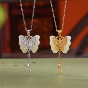 Mythstone 925 Sterling Silver Plated Gold Hetian White Jade Butterfly Blessing Necklace Pendant