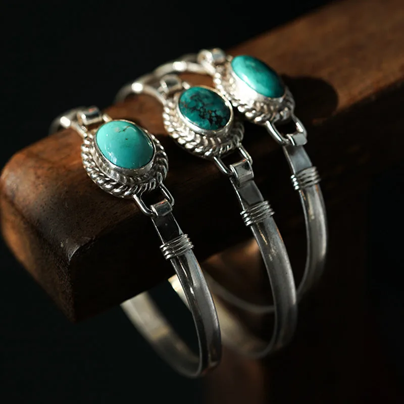 Mythstone 925 Sterling Silver Turquoise Balance Protection Handmade Nepal Bracelet Bangle - Image 10