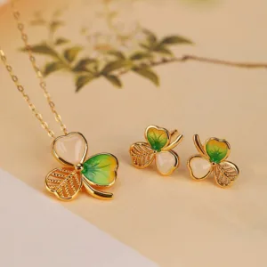 Mythstone 925 Sterling Silver Plated Gold Hetian Jade Luck Shamrock Clover Necklace Pendant Earrings