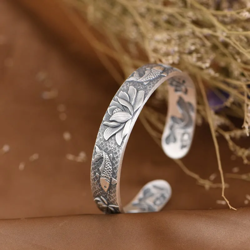 Mythstone - 999 Sterling Silver Luck Koi Fish Lotus Wealth Bracelet Bangle - Image 3