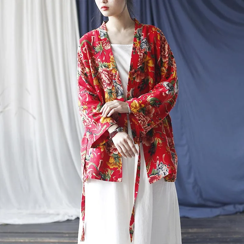 Mythstone Ethnic Style Northeast Red Flower Peony Print Cotton Linen Lace Up Jacket - Image 22