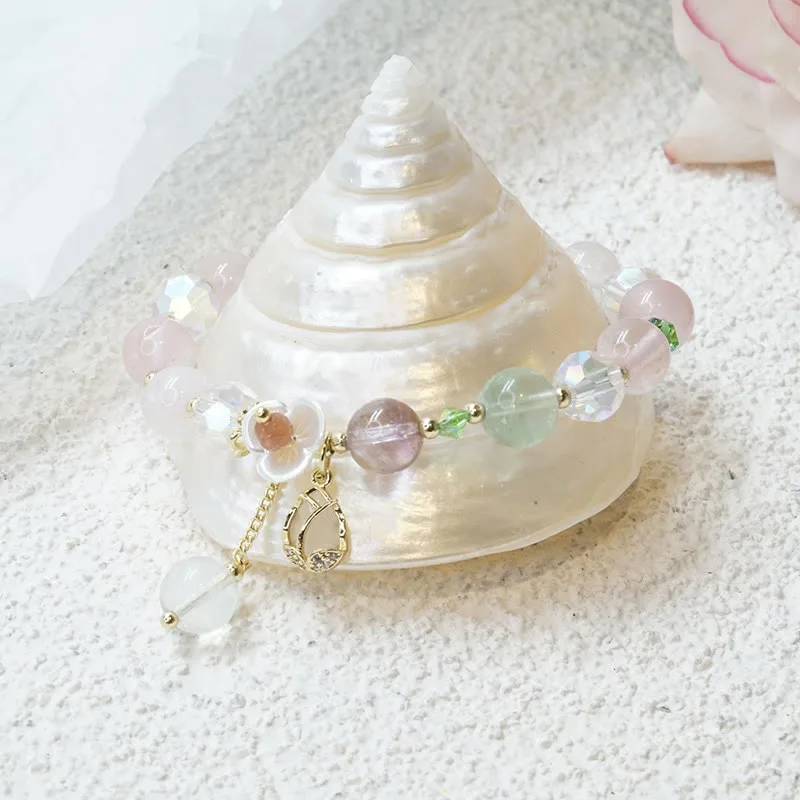 Mythstone Strawberry Quartz Rutilated Quartz Fluorite Flower Healing Bracelet - Image 28