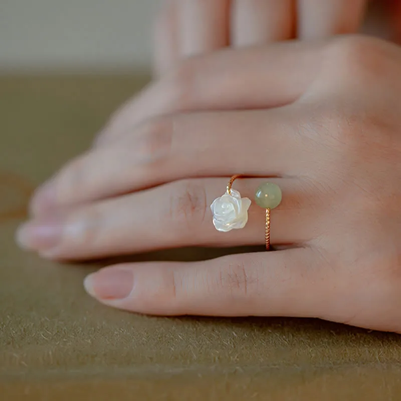 Mythstone 14K Gold Plated Tridacna Stone Rose Flower Jade Bead Blessing Ring - Image 11