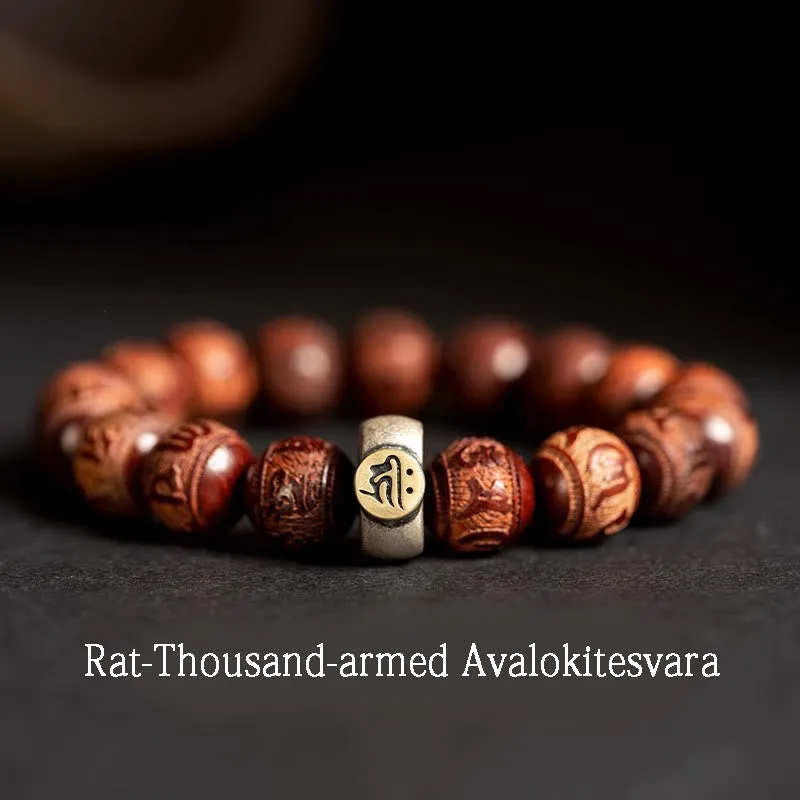 Mythstone Chinese Zodiac Natal Buddha Small Leaf Red Sandalwood Om Mani Padme Hum Protection Bracelet - Image 12