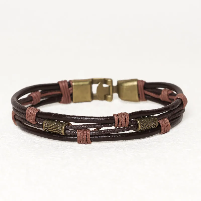 Mythstone Vintage Leather Wrist Band Brown Rope Layered Bracelet Bangle - Image 2