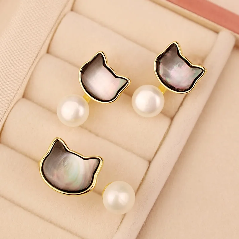 Mythstone 925 Sterling Silver Posts Cute Cat Tridacna Stone Pearl Ring Earrings Necklace Jewelry Set - Image 5