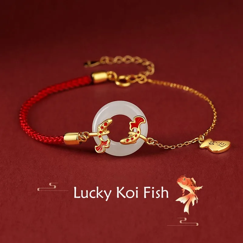 Mythstone - 999 Sterling Silver Hetian White Jade Double Koi Fish Peace Buckle Lucky Charm Wealth Bracelet