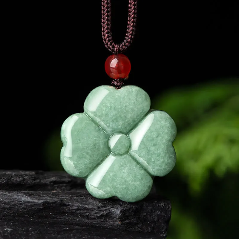 Mythstone Natural Lucky Four Leaf Clover Jade Prosperity Necklace Pendant