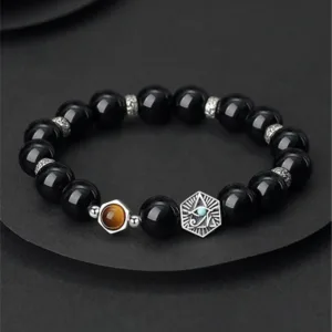 Mythstone 925 Sterling Silver Black Obsidian Tiger Eye Eye of Providence Purification Bracelet