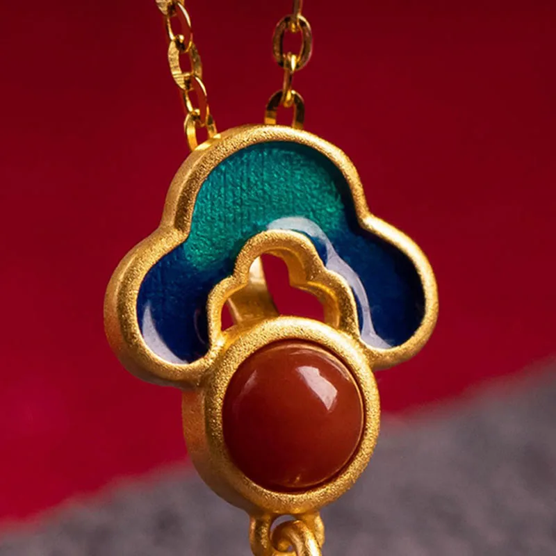 Mythstone 925 Sterling Silver Plated Gold Cinnabar Red Agate Blessing Necklace Pendant Earrings Ring Set - Image 8