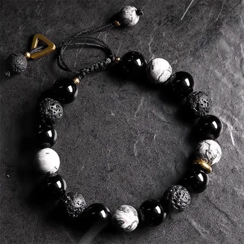 MythStone Black Obsidian Lava Rock Stone Yin Yang Strength Bracelet