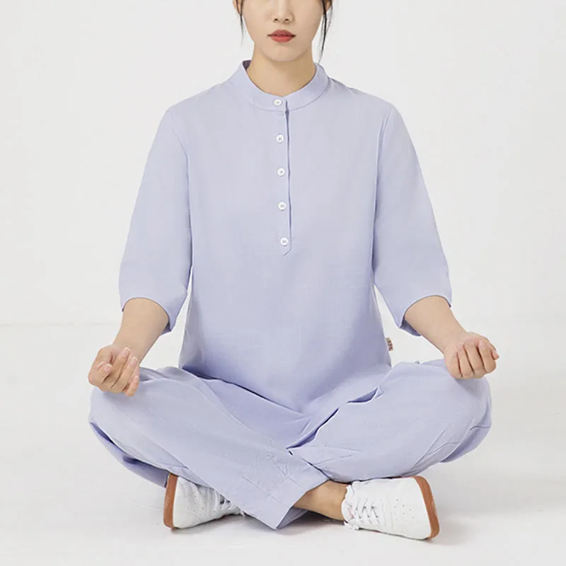 Mythstone 2Pcs Buttons Three Quarter Sleeve Shirt Top Pants Meditation Zen Tai Chi Cotton Linen Clothing Women's Set - Image 5