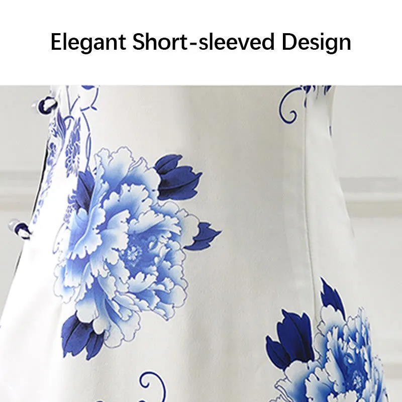 Mythstone Blue And White Porcelain Color Peony Flower Pattern Cheongsam Dress Women's Qipao Dress - Image 7