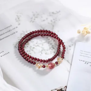 Mythstone 14K Gold Plated Natural Garnet Strawberry Quartz Butterfly Protection Double Wrap Bracelet