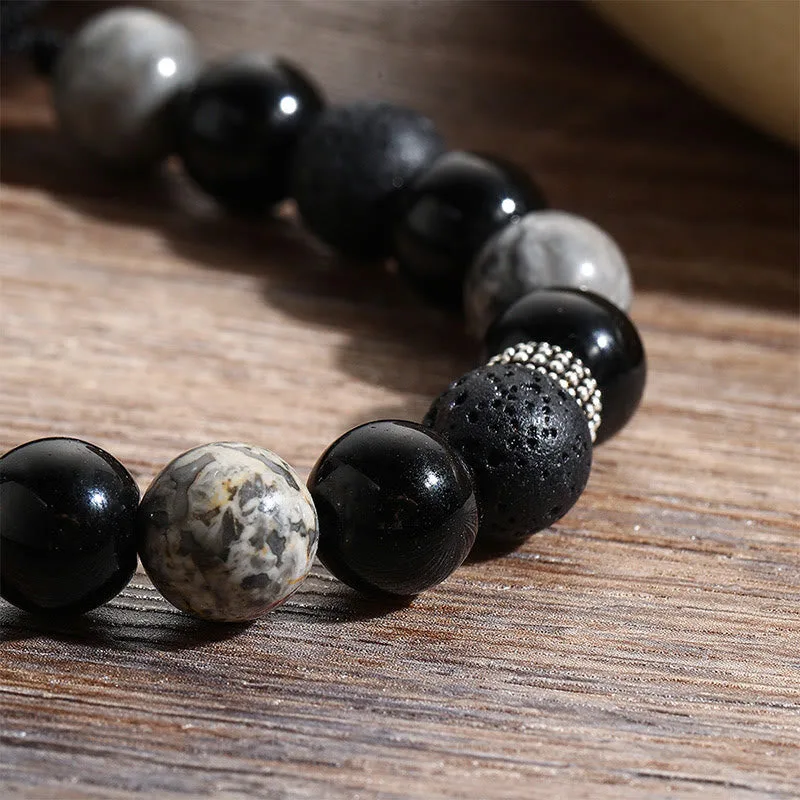 Mythstone Vintage Lava Rock Black Obsidian Picasso Jasper Beads Support Rope Bracelet - Image 10