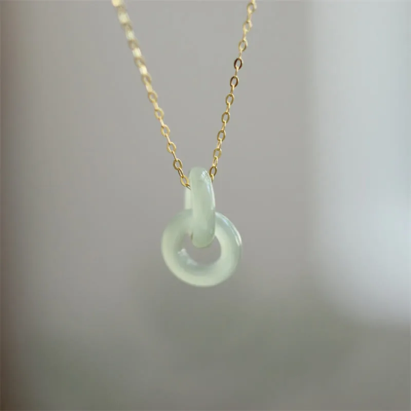 Mythstone 925 Sterling Silver Natural Double Peace Buckle Hetain Jade Luck Necklace Pendant