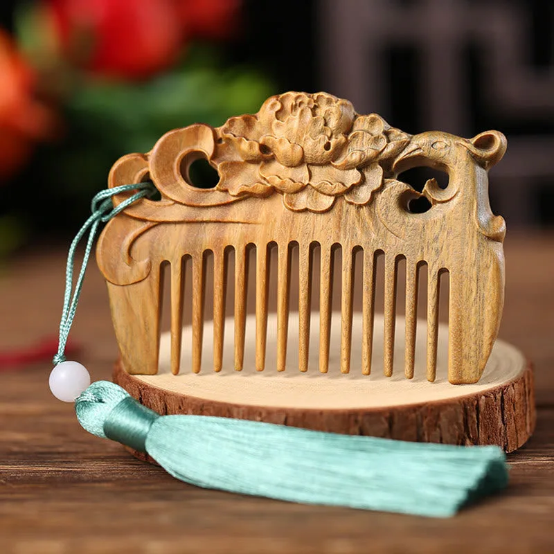 Mythstone Green Sandalwood Fox Peony Flower Lotus Engraved Cure Tassel Comb - Image 18