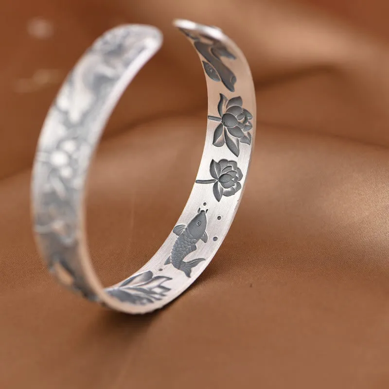 Mythstone - 999 Sterling Silver Luck Koi Fish Lotus Wealth Bracelet Bangle - Image 2