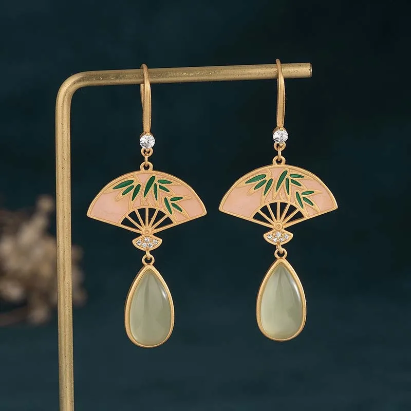 Mythstone Natural Green Aventurine Fan Pattern Luck Drop Earrings - Image 2