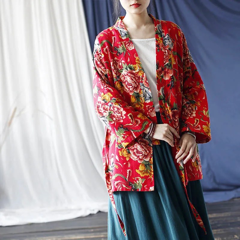 Mythstone Ethnic Style Northeast Red Flower Peony Print Cotton Linen Lace Up Jacket - Image 23