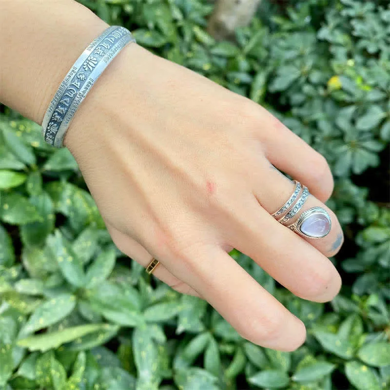 Mythstone Om Mani Padme Hum Heart Sutra Mantra Lotus Peace Meditation Cuff Bracelet Bangle - Image 5