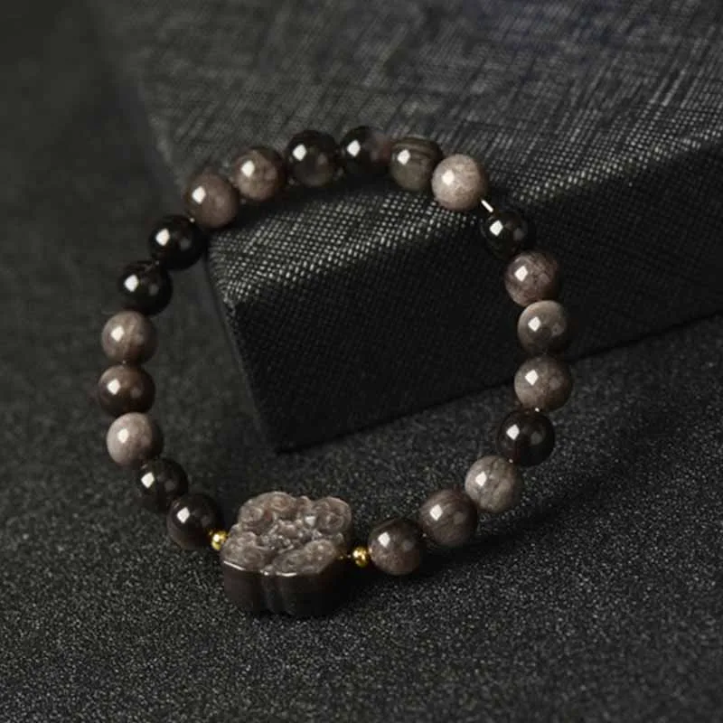 Mythstone Silver Sheen Obsidian Lotus Flower Nine Tailed Fox Laughing Buddha Protection Bracelet - Image 6