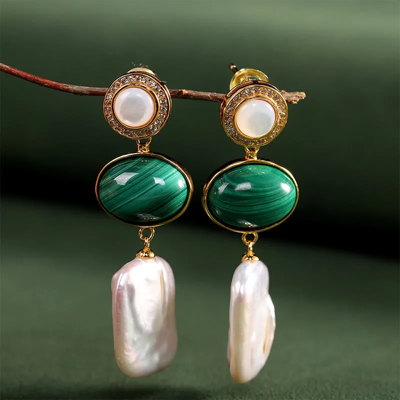 Mythstone 925 Sterling Silver Natural Baroque Pearl Malachite Healing Wisdom Drop Earrings - Image 5