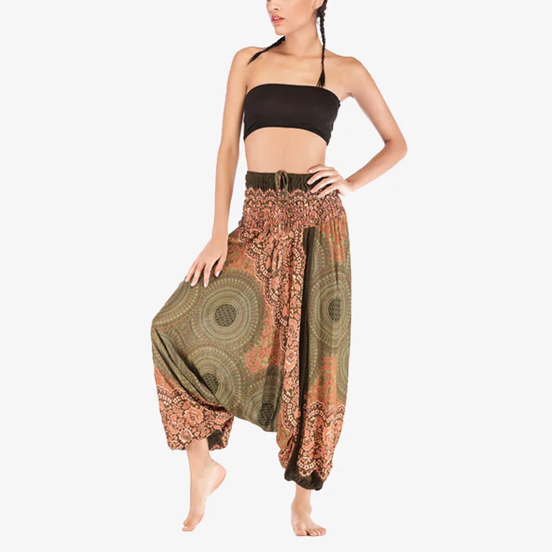 Mythstone Two Style Wear Round Geometric Pattern Loose Smocked Harem Trousers Jumpsuit High Waist Women's Yoga Pants - Image 41