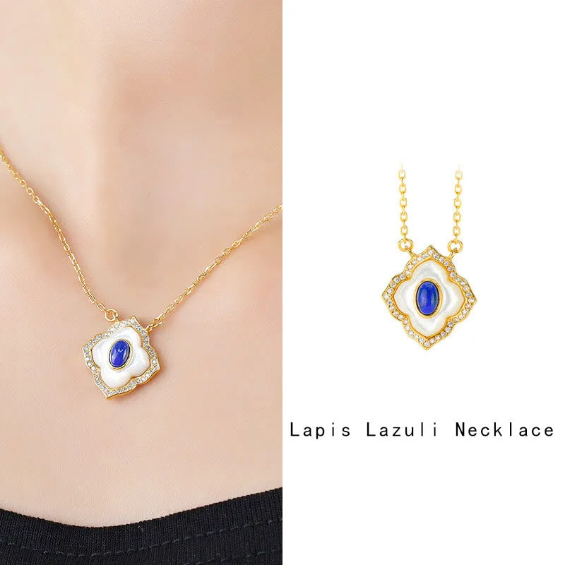 Mythstone 925 Sterling Silver Tridacna Stone Lazurite Prismatic Design Blessing Earrings Necklace Pendant Jewelry Set - Image 6