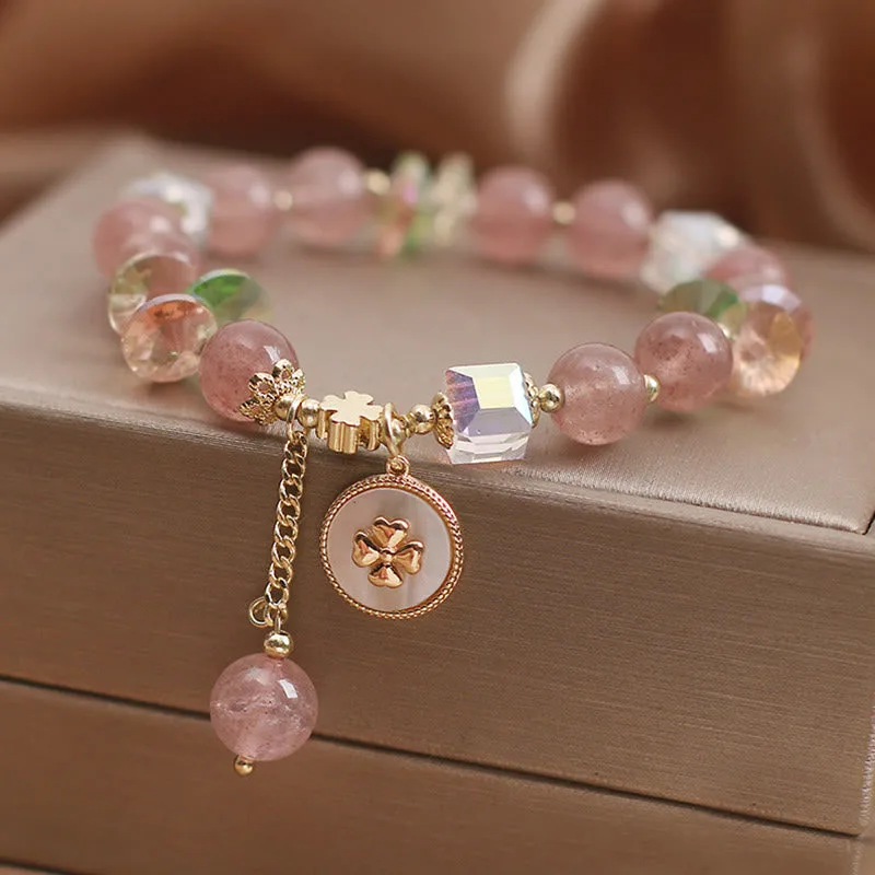Mythstone Strawberry Quartz Lucky Four Leaf Clover Healing Charm Bracelet - Image 6