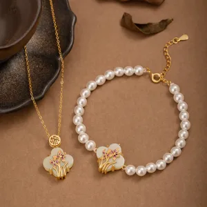 Mythstone 925 Sterling Silver Hetian Jade Orchid Four Leaf Clover Fu Character Pearl Luck Necklace Pendant Bracelet Set