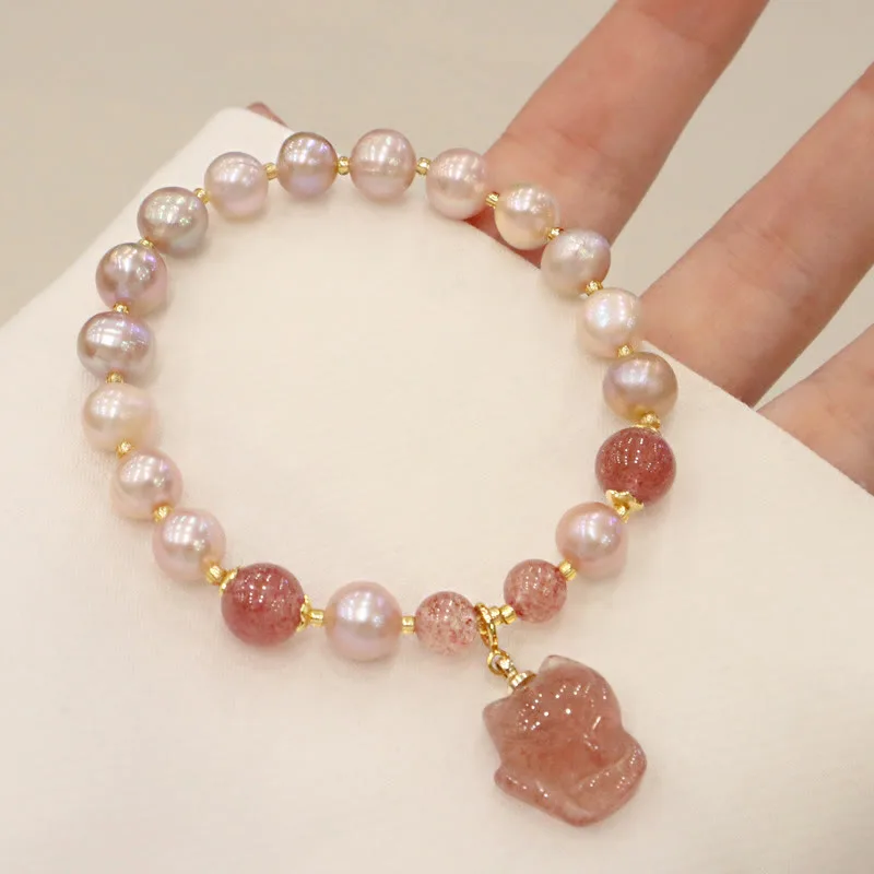 Mythstone Natural Pearl Strawberry Quartz Cute Fox Love Healing Charm Bracelet - Image 4
