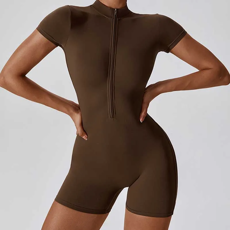 Mythstone High Stretch Zipper Short Sleeve Jumpsuit Sports Fitness Yoga Women Bodysuit - Image 26