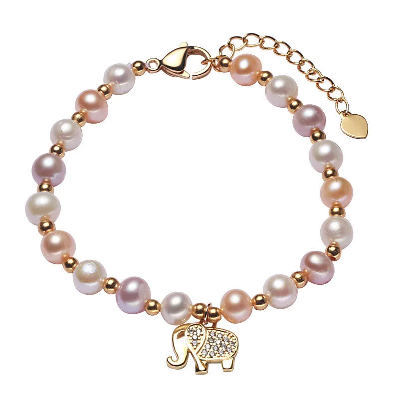 Mythstone 18K Gold Plated Pearl Elephant Zircon Charm Sincerity Bracelet - Image 5