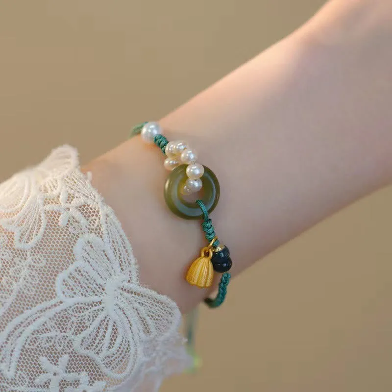 Mythstone Natural Hetian Jade Peace Buckle Pearl Luck Handcrafted Braided Bracelet - Image 3