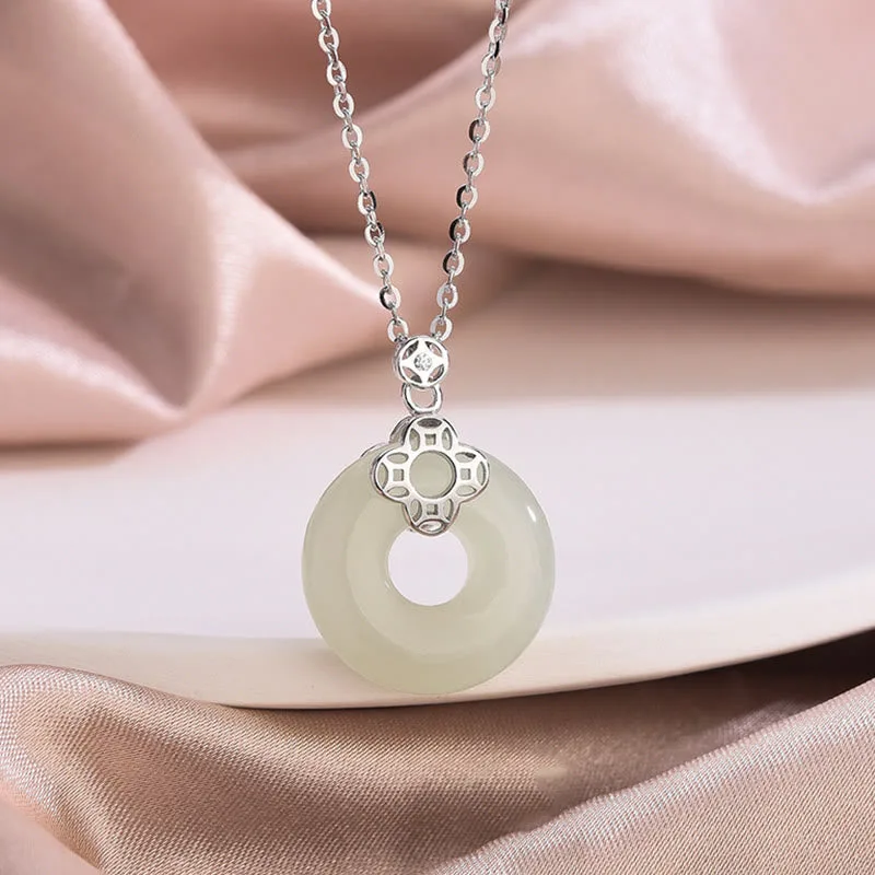 Mythstone 925 Sterling Silver Natural Hetian White Jade Chalcedony Coin Peace Buckle Luck Necklace Pendant - Image 3