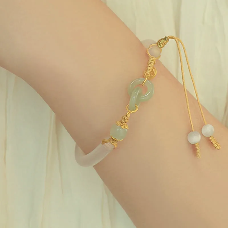 Mythstone 925 Sterling Silver Natural White Agate Hetian Jade Double Peace Buckle Fu Character Bracelet Bangle - Image 9