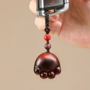 Mythstone Small Leaf Red Sandalwood Green Sandalwood Ebony Wood Lucky Cat Paw Claw Protection Key Chain