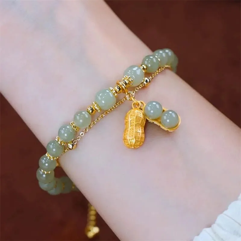 Mythstone Jade Leaf Ginkgo Tulip Peanut Fu Character Luck Beaded Bracelet - Image 16
