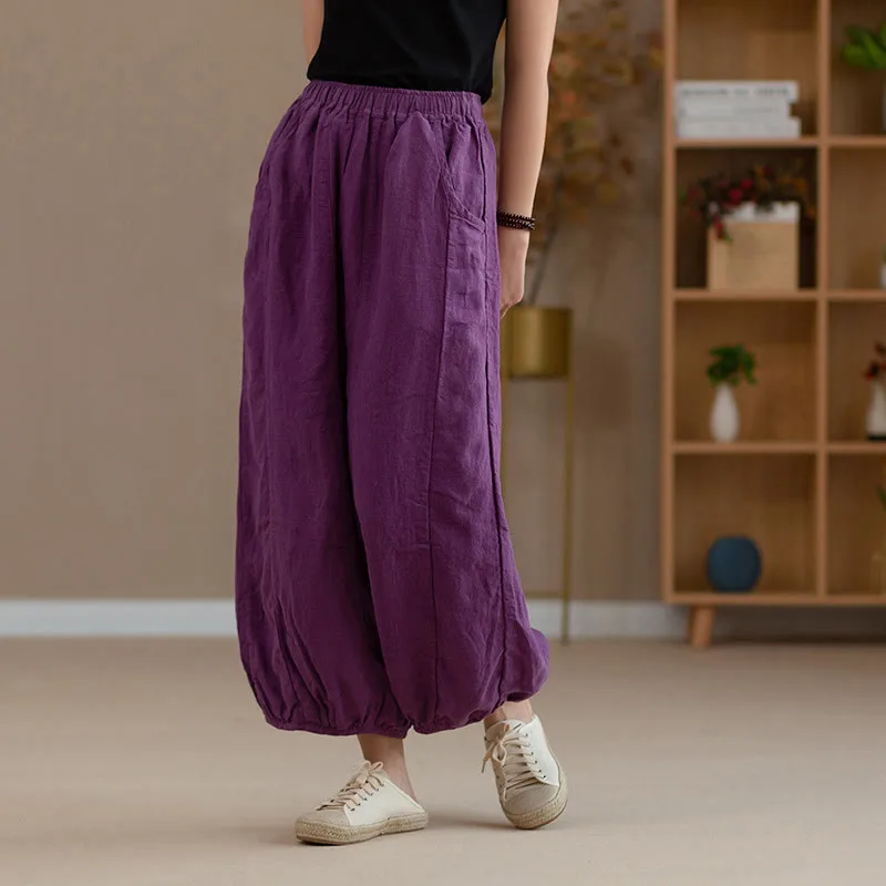 Mythstone Ramie Linen Flexible Waistband Yoga Harem Pants With Pockets - Image 2