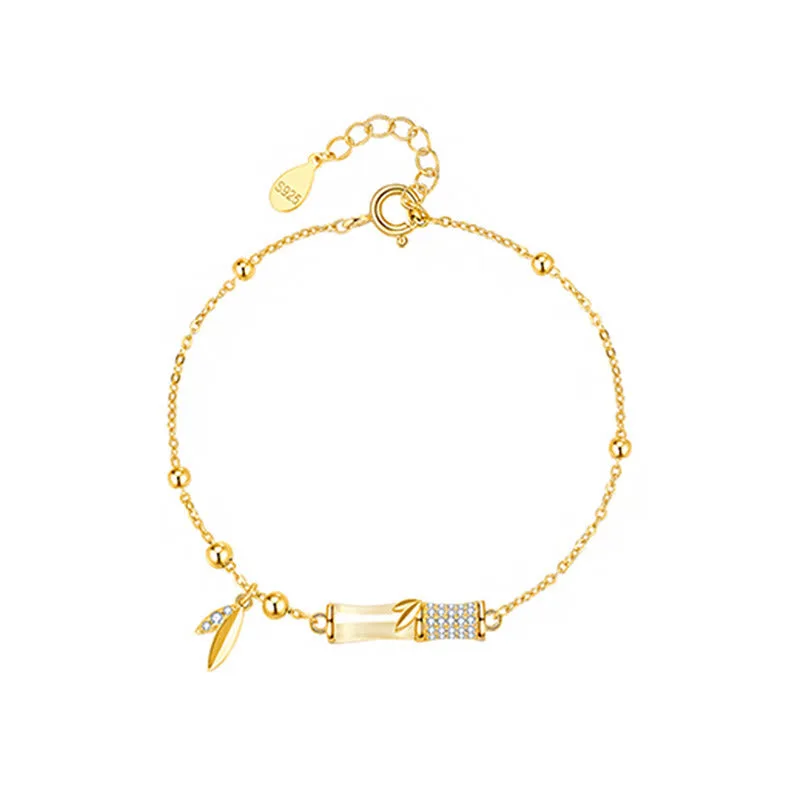 Mythstone 925 Sterling Silver 18K Gold Plated White Jade Bamboo Zircon Leaf Luck Bracelet - Image 13