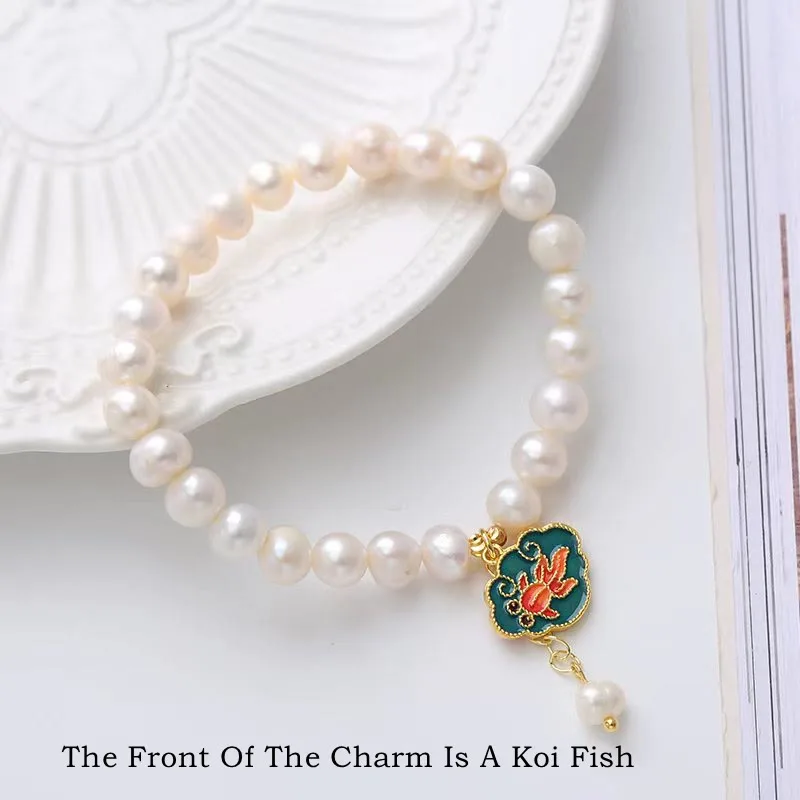 Mythstone - Natural Pearl Lotus Koi Fish Goldfish Optimism Charm Bracelet - Image 2