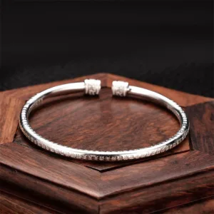 Mythstone Heart Sutra Engraved Swastika Pattern Luck White Copper Bracelet Bangle