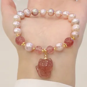 Mythstone Natural Pearl Strawberry Quartz Cute Fox Love Healing Charm Bracelet