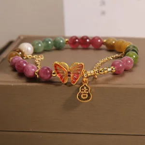 Mythstone Natural Colorful Tourmaline Butterfly Auspicious Character Gourd Charm Positive Bracelet