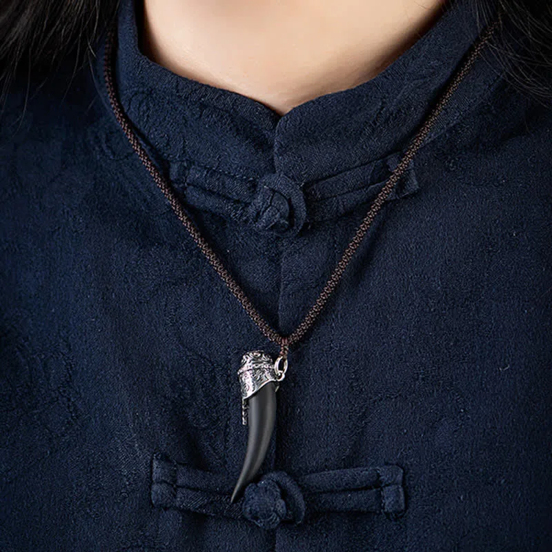 Mythstone 925 Sterling Silver Black Obsidian Wolf Tooth Pattern Strength Necklace Pendant - Image 3