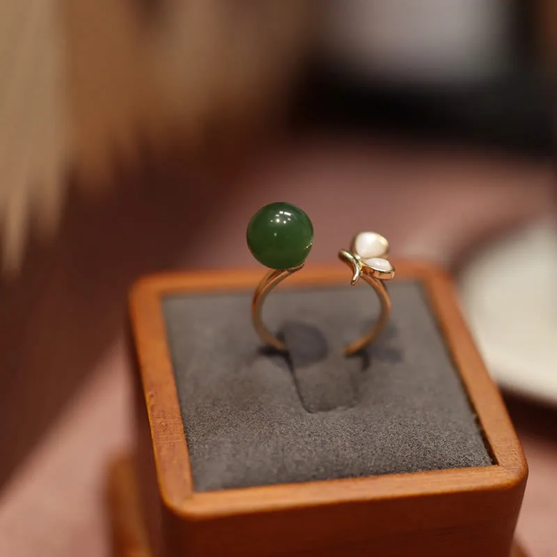 Mythstone Natural Butterfly Tridacna Stone Cyan Jade Copper Plated Gold Calm Necklace Pendant Ring Earrings Set - Image 5