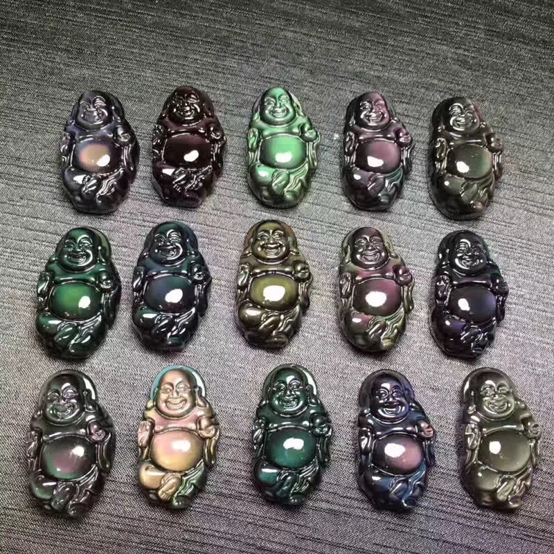 Natural Rainbow Obsidian Laughing Buddha Inner Peace Necklace Pendant - Image 12
