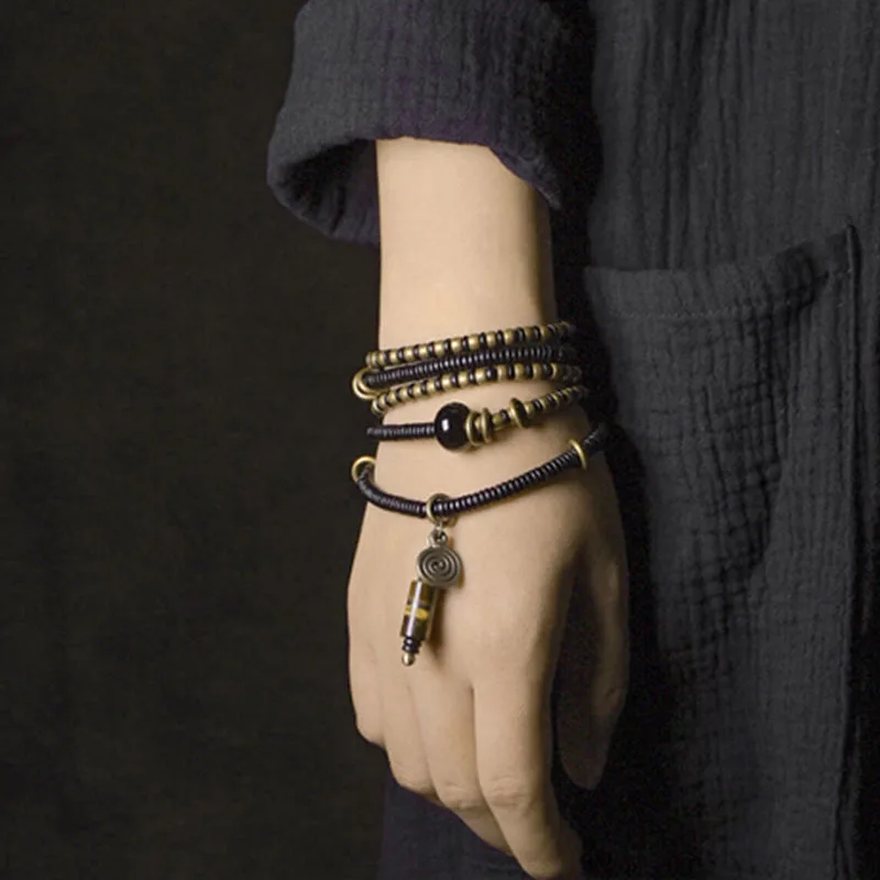 Mythstone Ebony Wood Dzi Bead Copper Peace Couple Bracelet Necklace Pendant - Image 4